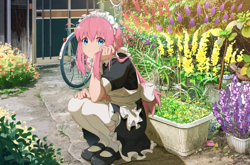 1girl absurdres apron bicycle black_dress black_footwear blue_eyes bocchi_the_rock! closed_mouth commentary cube_hair_ornament dress english_commentary flower frilled_apron frilled_dress frills gotoh_hitori gotoh_hitori_(tsuchinoko) hair_ornament highres jl_tan long_hair looking_at_viewer maid maid_apron maid_headdress one_side_up outdoors pink_hair plant puffy_short_sleeves puffy_sleeves short_sleeves sidelocks solo squatting thighhighs white_thighhighs