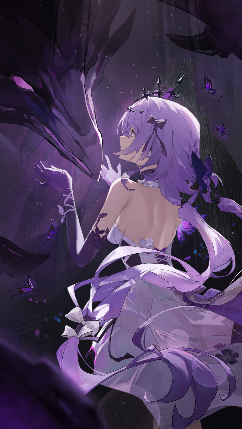 1girl absurdres back bare_shoulders black_tiara bow breasts bug butterfly castorice_(honkai:_star_rail) commentary cowboy_shot dragon dress elbow_gloves from_behind gloves hair_bow highres honkai:_star_rail honkai_(series) insect large_breasts long_hair looking_at_animal netherwing_(honkai:_star_rail) purple_bow purple_butterfly purple_eyes purple_gloves purple_hair shin_oooooo shoulder_blades solo tiara very_long_hair white_dress