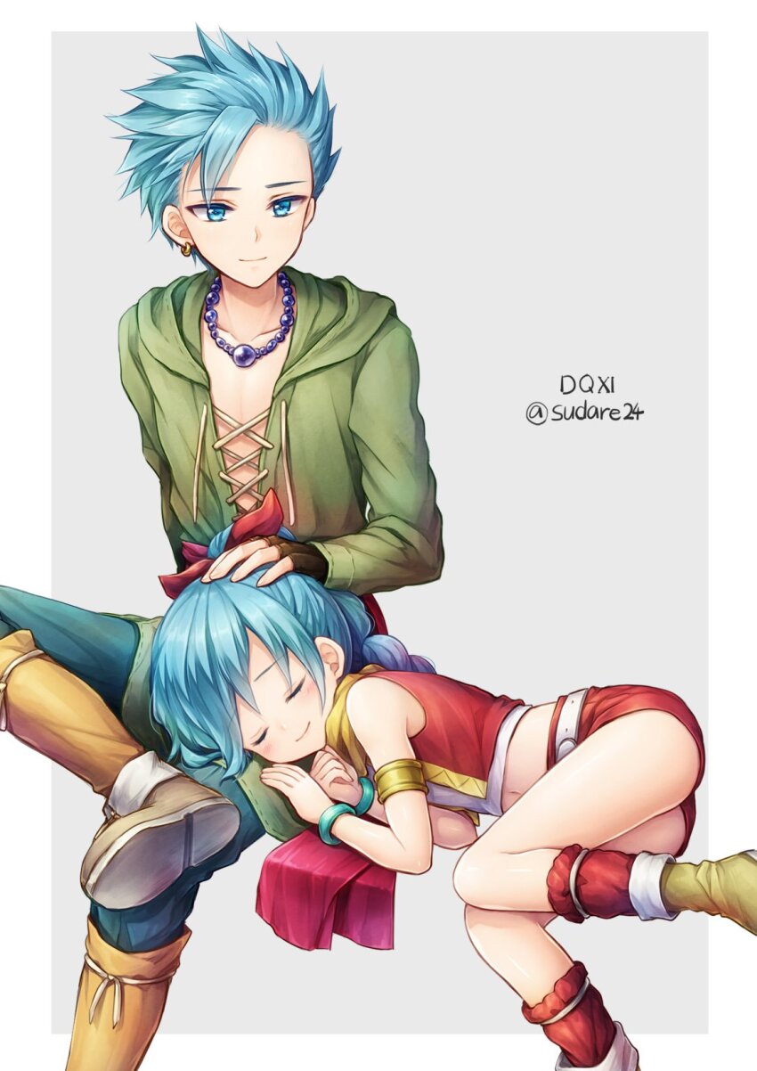 1boy 1girl belt blue_eyes blue_hair bracelet braid braided_ponytail camus_(dq11) cannan closed_mouth dragon_quest dragon_quest_xi earrings hair_ribbon highres jewelry long_hair maya_(dq11) navel necklace red_vest ribbon scarf shorts single_braid smile vest