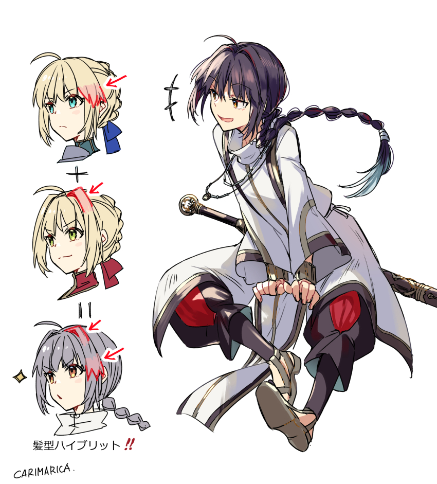 1other 2girls ahoge artist_name artoria_pendragon_(fate) black_hair blonde_hair blue_eyes braid brown_eyes carimarica fate/extra fate/samurai_remnant fate/stay_night fate_(series) green_eyes hair_intakes highres jewelry long_hair multiple_girls nero_claudius_(fate) nero_claudius_(fate/extra) pendant saber_(fate) sandals smile sword sword_on_back weapon weapon_on_back white_background yamato_takeru_(fate)