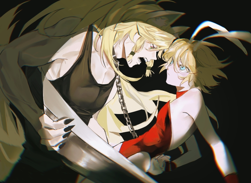 2boys alternate_costume animal_ears aotu_world bare_shoulders black_background black_nails black_tank_top blonde_hair blue_eyes chain chain_leash chinese_commentary choker collar crossdressing eye_contact fangs hair_tubes high_ponytail highres holding holding_leash holding_sword holding_weapon junge914 king_(aotu_world) leash leotard long_hair looking_at_another male_focus male_playboy_bunny multiple_boys open_mouth pectorals pelley_(aotu_world) pink_eyes ponytail rabbit_ears rabbit_tail red_leotard sharp_teeth short_hair simple_background sleeveless sword tail tank_top teeth trap very_long_hair weapon wolf_boy wolf_ears wolf_tail yaoi