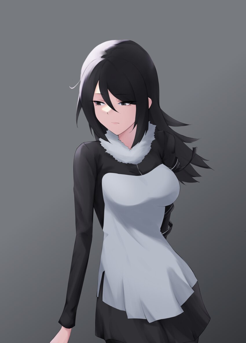 1girl absurdres black_dress black_eyes black_hair breasts cowboy_shot digimon digimon_story:_cyber_sleuth dress grey_background highres kamishiro_yuuko long_hair medium_breasts simple_background solo two-tone_dress white_dress zigma_s