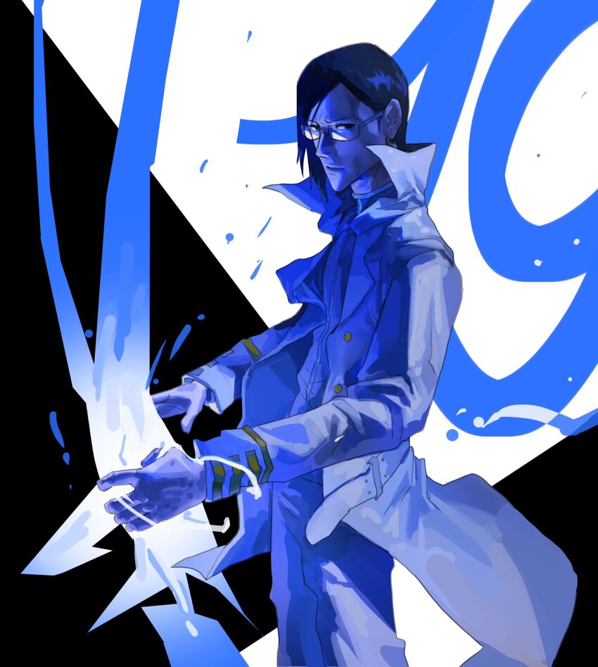 1boy black_hair bleach bleach:_sennen_kessen-hen buttons formal_clothes glasses highres ishida_uryuu jacket li monochrome pants short_hair suit white_jacket white_pants white_suit