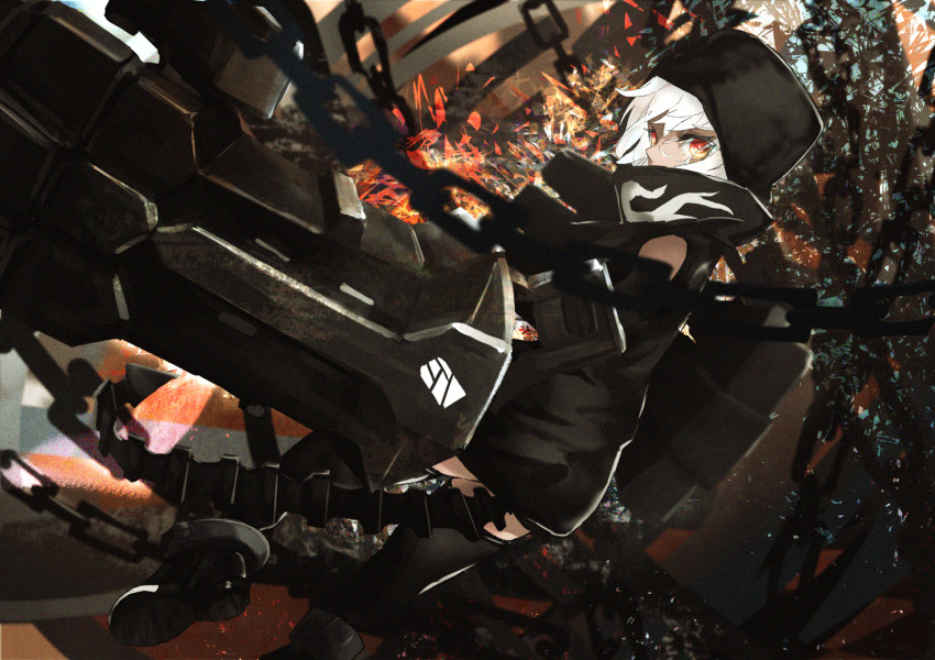 1girl black_footwear black_hoodie black_rock_shooter black_thighhighs chain dark-skinned_female dark_skin demon_tail flame_print hood hoodie mapo_nk mechanical_arms orange_eyes short_hair solo strength_(black_rock_shooter) tail thighhighs white_hair