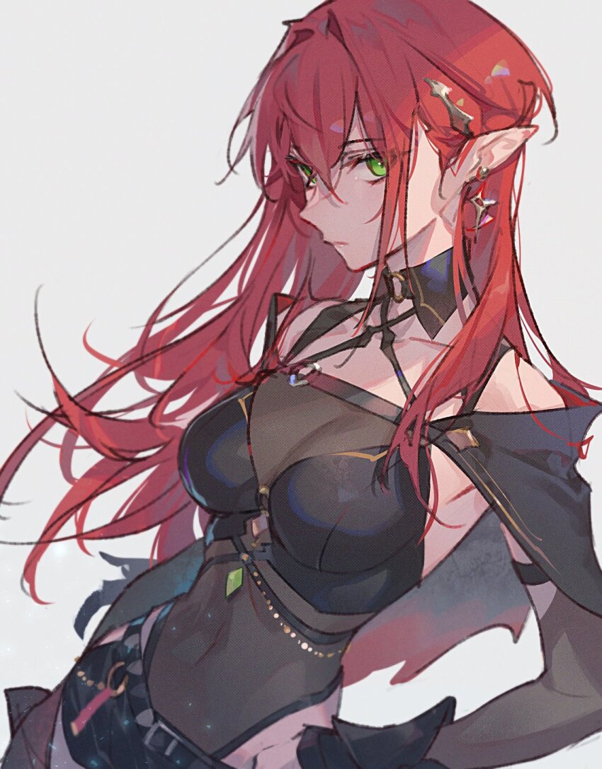 1girl bare_shoulders black_shorts breasts clothing_cutout commentary earrings green_eyes grey_background hair_ornament highres hip_vent jewelry kumo_sheep long_hair long_sleeves looking_at_viewer mesh original pointy_ears red_hair see-through_clothes shorts simple_background solo symbol-only_commentary