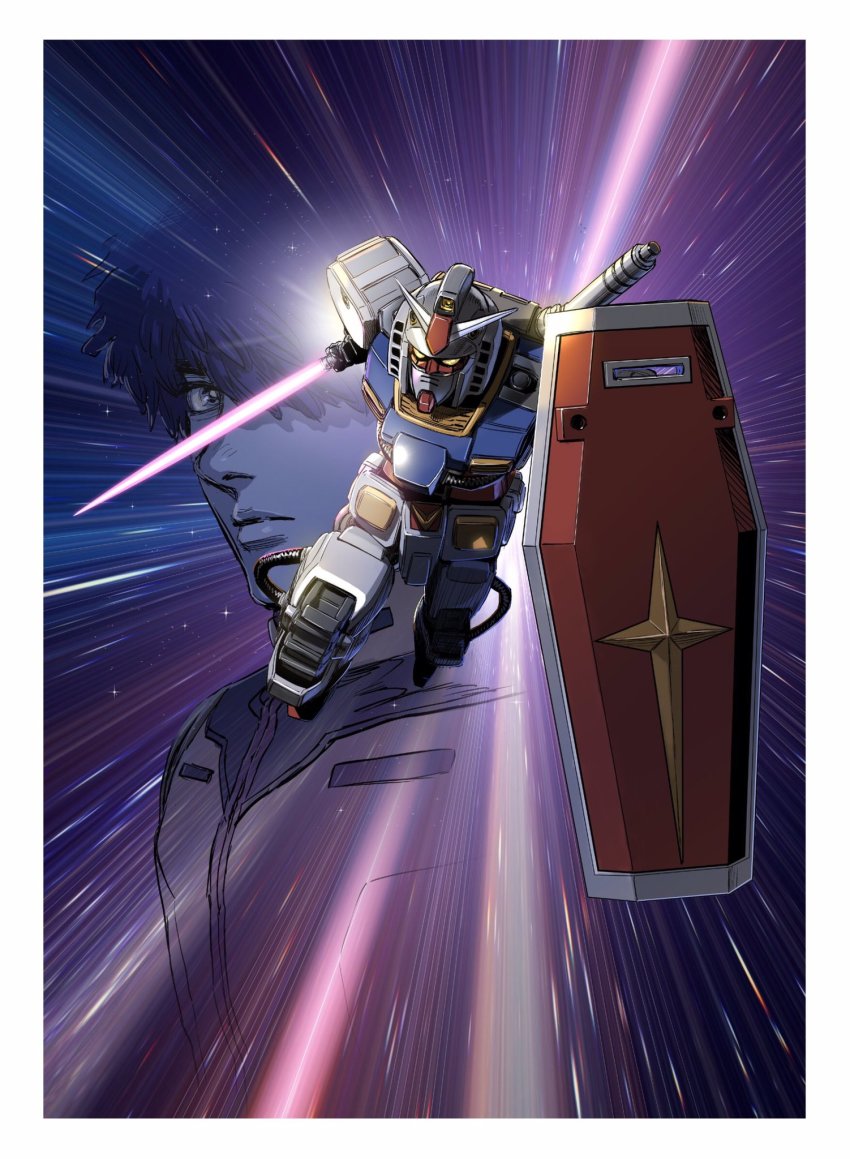 1boy energy_sword brown_hair daryl_lorenz gundam gundam_thunderbolt highres holding holding_shield holding_sword holding_weapon looking_ahead mecha mobile_suit official_art ohtagaki_yasuo perfect_gundam_(thunderbolt) projected_inset robot science_fiction shield solo_focus space sword v-fin weapon yellow_eyes