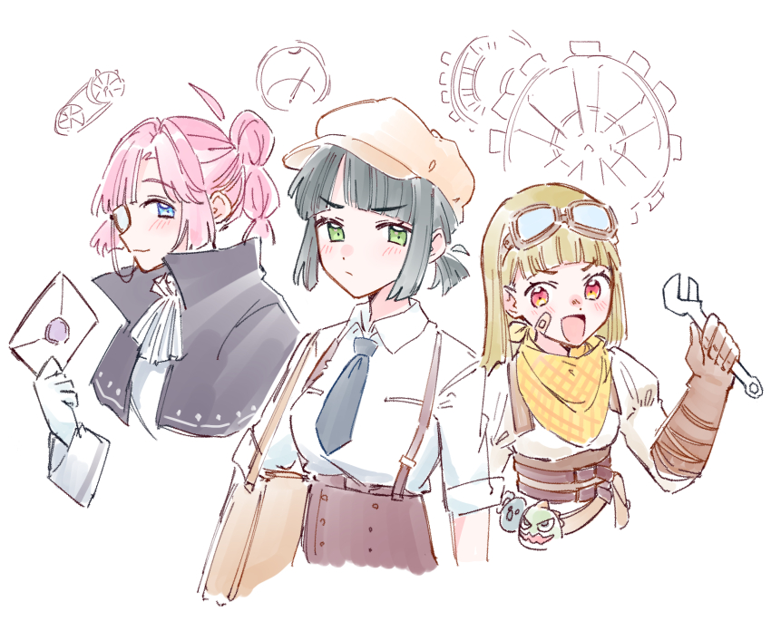 3girls :d ahoge alternate_costume anyoji_hime arched_bangs ascot bag black_cape black_hair black_necktie blunt_bangs blush breasts brown_gloves brown_hair brown_hat brown_skirt buttons cape center-flap_bangs closed_mouth collared_shirt commentary cropped_torso deerstalker detached_ahoge double-breasted envelope ferris_wheel gloves gonzales_(love_live!) green_eyes hat high-waist_skirt high_collar highres holding holding_envelope holding_wrench kachimachi_kosuzu link!_like!_love_live! long_hair looking_at_viewer love_live! low_ponytail mechanic medium_breasts momose_ginko monocle monocle_chain multi-tied_hair multiple_girls necktie open_mouth orange_eyes pink_hair ponytail shirt short_hair short_ponytail short_sleeves shoulder_bag sidelocks skirt smile straight_hair stuffed_dinosaur symbol-only_commentary v-shaped_eyebrows virtual_youtuber white_ascot white_background white_gloves white_shirt wrench zangemiya