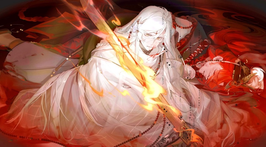 2boys akabane_shinnosuke beads black_hanfu blood blood_on_clothes blood_on_face braid chinese_clothes closed_eyes closed_mouth cuts facial_mark flaming_sword flaming_weapon full_body hair_between_eyes hair_ornament hair_spread_out hanfu hat highres huadian injury jian_(weapon) jinguang_budaixi long_hair long_sidelocks long_sleeves looking_at_viewer lying male_focus moranhuishouquandoushigou multiple_boys on_side pants parted_lips prayer_beads protecting qiao_rulai red_hair sample_watermark side_braid side_part sidelocks sitting sweat swept_bangs sword watermark weapon white_hair white_hanfu white_pants wuxia yellow_eyes