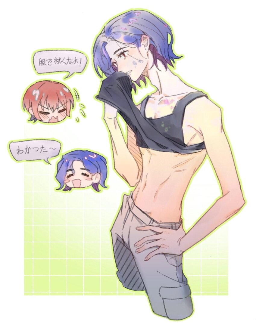1boy 1girl amate_yuzuriha blue_hair blush chibi chibi_inset closed_eyes clothes_lift colored_inner_hair commentary gradient_background grid_background gundam gundam_gquuuuuux hand_on_own_hip highres mtyyjy multicolored_hair navel open_mouth paint_on_body paint_on_clothes paint_splatter paint_splatter_on_face purple_hair red_eyes red_hair shirt_lift short_hair shuji_ito sleeveless smile speech_bubble tank_top translation_request two-tone_hair white_background