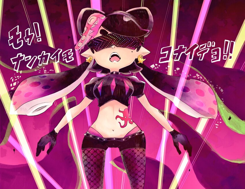 1girl arms_at_sides black_gloves black_hair black_shirt black_shorts bow bow-shaped_hair callie_(octo_idol_outfit)_(splatoon) callie_(splatoon) collar colored_skin cowlick crop_top earrings gloves gold_earrings highres hypnoshades_(splatoon) jewelry leather leather_gloves light_rays long_hair midriff mole mole_under_eye multicolored_hair nintendo octopus_hair_ornament octopus_sausage_earrings okome_2g2g open_mouth outstretched_arms panties pantyhose pink_leaf pink_panties pink_shiso_leaf pointy_ears red_background shirt short_shorts shorts solo spiked_collar spiked_waistband spikes splatoon_(series) splatoon_2 spotted_hair spread_arms standing suction_cups sunglasses tentacle_hair tentacles twintails underwear very_long_hair white_background white_skin
