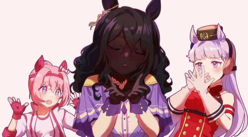 3girls absurdres animal_ears armband black_hair blowing_kiss blush bow bridle brown_hair brown_hat camellia_(camel_mal) capelet closed_eyes crossed_bangs dark-skinned_female dark_skin dress ear_bow ear_covers ear_ornament facing_viewer fingerless_gloves flower-shaped_pupils friesian_horse_girl gloves gold_ship_(red_strife)_(umamusume) gold_ship_(umamusume) grey_hair gym_shirt hair_between_eyes hands_up haru_urara_(bestest_prize)_(umamusume) haru_urara_(umamusume) hat headband high_ponytail highres horse_ears jacket long_hair long_sleeves multicolored_hair multiple_girls open_clothes open_jacket open_mouth original parted_lips pillbox_hat pink_gloves pink_hair pink_headband ponytail red_dress shirt simple_background sleeveless sleeveless_dress striped_armband striped_clothes symbol-shaped_pupils two-tone_hair umamusume umapyoi_densetsu upper_body very_dark_skin white_gloves