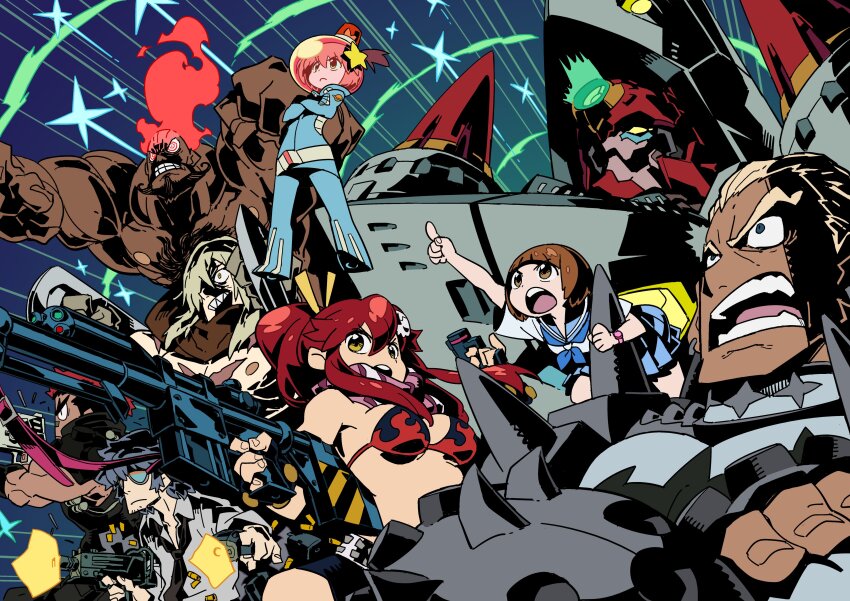 3girls 5boys absurdres anti-materiel_rifle arc_gurren-lagann bare_pectorals bikini bikini_top_only black_shirt blonde_hair blue_background blue_eyes blue_skirt brown_eyes brown_hair casing_ejection creator_connection crossed_arms fiery_hair firing gainax gamagoori_ira grin gun gunbuster_pose highres himukai_yuuji holding holding_gun holding_weapon kill_la_kill kinagase_tsumugu long_hair lordgenome luluco mac-10/11 mankanshoku_mako mecha mikisugi_aikurou motion_lines multiple_boys multiple_girls muscular neckerchief open_mouth pectorals pleated_skirt pointing red_hair rifle ringed_eyes robot sailor_collar sailor_shirt scar school_uniform serafuku sharp_teeth shell_casing shirt short_hair short_sleeves skirt smile sniper_rifle spacesuit sparkle submachine_gun sunglasses swimsuit teeth tengen_toppa_gurren_lagann trigger_(company) uchuu_patrol_luluco viral_(ttgl) weapon white_shirt yellow_eyes yoko_littner