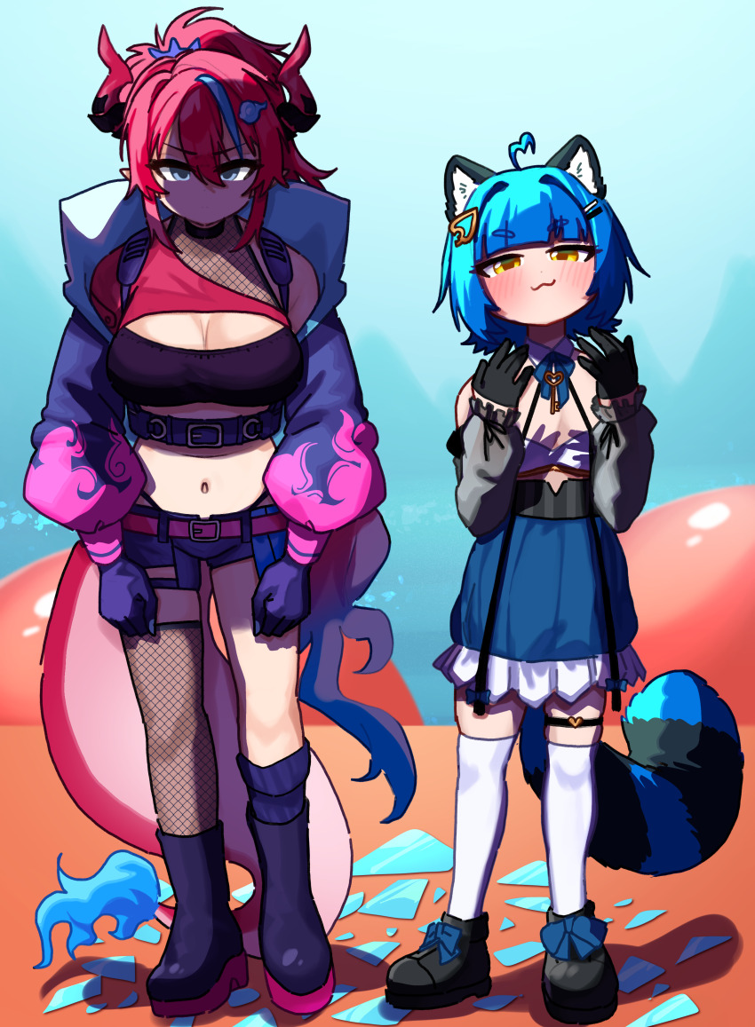 2girls :3 absurdres ahoge animal_ears belt black_gloves black_shoes blue_fire blue_hair blue_sky blunt_bangs blush boots breasts broken_glass chromashift cleavage colored_shoe_soles dragon_girl dragon_horns dragon_tail eyelashes fire fishnets flame-tipped_tail full_body glass gloves hair_ornament hairclip hands_up heart heart_ahoge height_difference highres horns jacket kai_saikota kneehighs large_breasts meme midriff multiple_girls navel open_clothes open_jacket poko_rakun poko_rakun_(1st_costume) raccoon_ears raccoon_girl raccoon_tail red_hair ryoshi shaded_face shoes short_hair short_shorts shorts sidelocks sky small_breasts socks standing tail textless_version virtual_youtuber whisper_(app) white_socks why_dis_ninja_look_so_mad_(meme) yellow_eyes