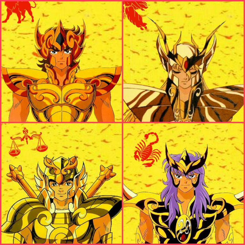 1980s_(style) 4boys absurdres araki_shingo armor blonde_hair brown_hair gold_armor gold_saints helmet highres kurumada_masami leo_aiolia libra_dohko multiple_boys oldschool purple_hair retro_artstyle saint_seiya scorpio_milo virgo_shaka