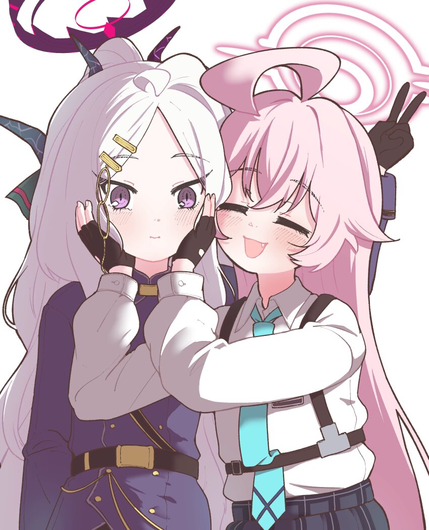 2girls absurdres ahoge black_gloves black_halo blue_archive blush breasts demon_girl demon_horns fang gloves halo highres hina_(blue_archive) horns hoshino_(blue_archive) long_hair manmaderain multiple_girls pink_hair pink_halo purple_eyes simple_background small_breasts smile upper_body v very_long_hair white_background white_hair