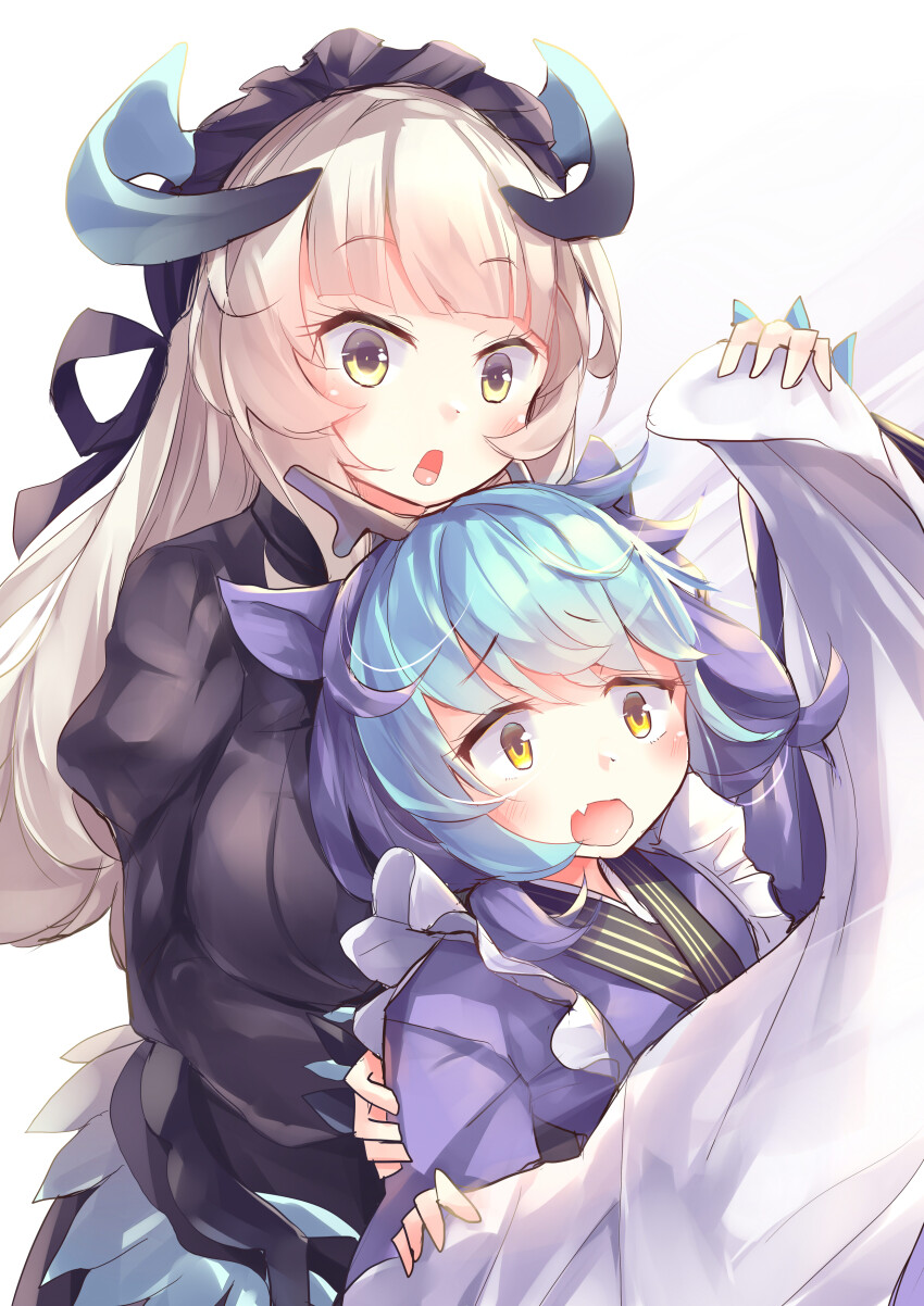 2girls absurdres apron bed_sheet black_dress blue_hair blush breast_rest breasts chamber_dragonmaid clumsy dragon_girl dragon_horns dragon_wings dress duel_monster fang feathered_wings frilled_apron frills helping highres holding holding_sheet horns japanese_clothes kanzakietc large_breasts laundry_dragonmaid long_hair long_sleeves maid maid_apron maid_headdress multiple_girls open_mouth short_hair short_twintails simple_background surprised tripping twintails wa_maid white_apron white_background white_hair wings yu-gi-oh!