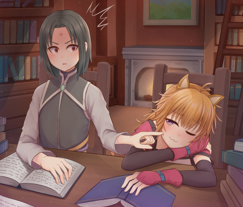 1boy 1girl absurdres atorie blush bookshelf cat_girl cheek_poking commission fire_emblem fire_emblem:_radiant_dawn fireplace highres lyre_(fire_emblem) nintendo pixiv_commission poking purple_eyes reading smirk soren_(fire_emblem) soren_(radiant_confidant)_(fire_emblem) study_(room) surprised