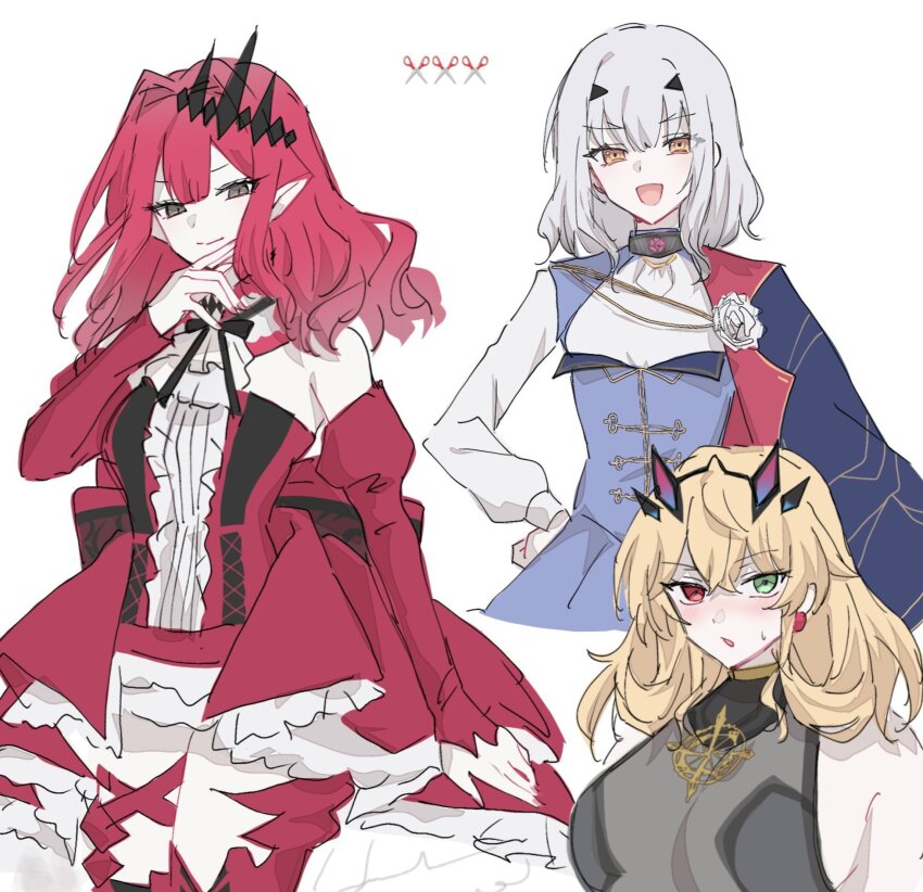 3girls alternate_hairstyle baobhan_sith_(fate) baobhan_sith_(first_ascension)_(fate) bare_shoulders barghest_(fate) barghest_(second_ascension)_(fate) blonde_hair blue_dress blush boots breasts detached_sleeves dress fairy fate/grand_order fate_(series) female_focus frilled_dress frills green_eyes grey_eyes hand_on_own_hip hand_up heterochromia highres large_breasts looking_at_viewer medium_breasts medium_hair melusine_(fate) melusine_(second_ascension)_(fate) multiple_girls nekwnek open_mouth pink_hair pointy_ears red_dress red_eyes sidelocks small_breasts smile thigh_boots white_background white_hair yellow_eyes