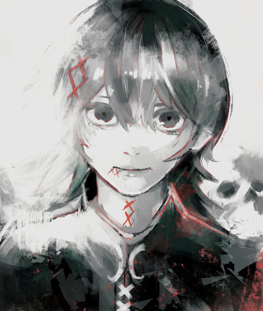 1boy black_eyes black_hair facial_mark facing_viewer greyscale hair_ornament highres long_hair looking_at_viewer military_uniform monochrome simple_background stitched_mouth stitched_neck stitches suzuya_juuzou tokyo_ghoul tokyo_ghoul:re white_background xa8uofivf2mcart
