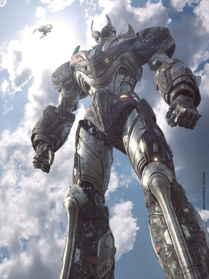 3d absurdres aircraft cloud commentary dirty english_commentary flying glowing glowing_eyes highres lights machinery mazinger_(series) mazinger_z mazinger_z:_infinity mazinger_z_(mecha) mecha nduul pacific_rim parody pilder realistic redesign robot science_fiction signature style_parody super_robot watermark web_address