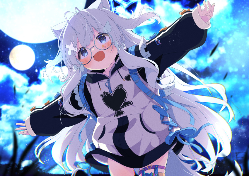 1girl absurdres animal_ears backpack bag black_sweater blue_eyes blue_sky blush cat_ears cloud commentary_request commission cowboy_shot glasses grey_hair hair_ornament highres long_hair multiple_moons night night_sky no_nose open_mouth outstretched_arms shiro9jira skeb_commission sky smile solo spread_arms sweater thigh_strap vrchat white_sweater wing_hair_ornament x_hair_ornament