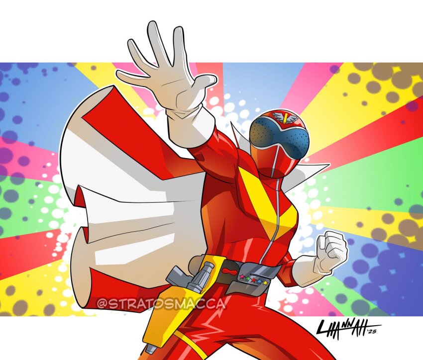 1boy aka_ranger artist_name belt belt_buckle blue_background bodysuit border buckle cape capelet cowboy_shot gloves green_background gun helmet highres himitsu_sentai_gorenger male_focus pink_background red_background red_bodysuit red_cape red_helmet signature simple_background solo stratosmacca super_sentai twitter_username two-sided_cape two-sided_fabric weapon white_border white_capelet white_gloves yellow_background
