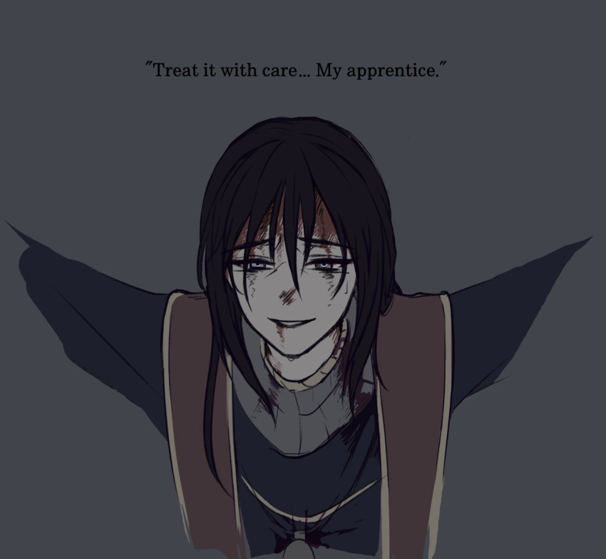 barefoot black_hair blood blood_on_clothes blood_on_face blue_eyes dot_7333 elden_ring english_text injury jewelry looking_at_viewer necklace pain restrained robe sorceress_sellen talking