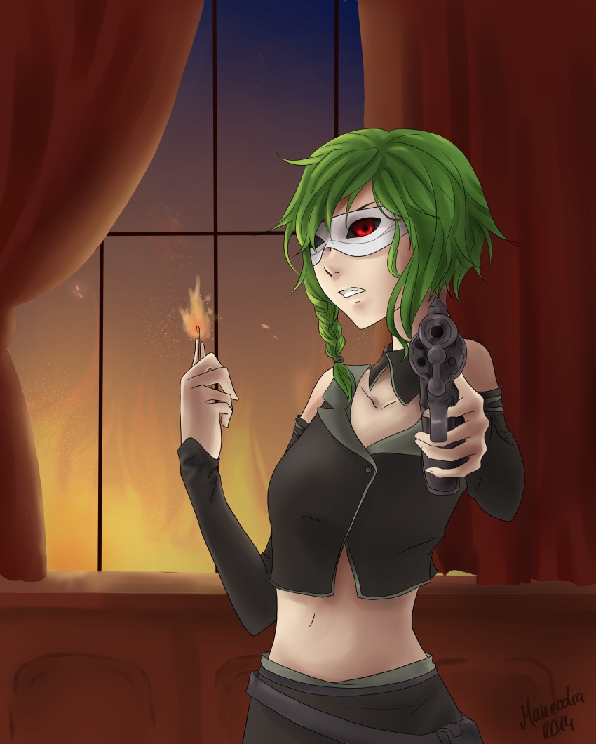 10s 1girl 2014 absurdres aiming aiming_at_viewer artist_name braid clenched_teeth crop_top curtains detached_collar detached_sleeves domino_mask evillious_nendaiki fire green_hair gumi gun handgun highres maneodra mask matches nemesis_no_juukou_(vocaloid) red_eyes revolver shorts side_braid signature teeth vocaloid weapon window