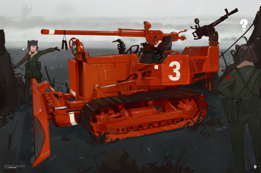 2girls :d ? absurdres animal_ear_headwear black_gloves bulldozer cannon coat dshk facing_viewer fake_animal_ears gloves green_coat green_pants gun hat heavy_machine_gun highres machine_gun military_hat multiple_girls open_mouth original outstretched_arms pants polilla pouch smile spread_arms standing weapon wide_shot