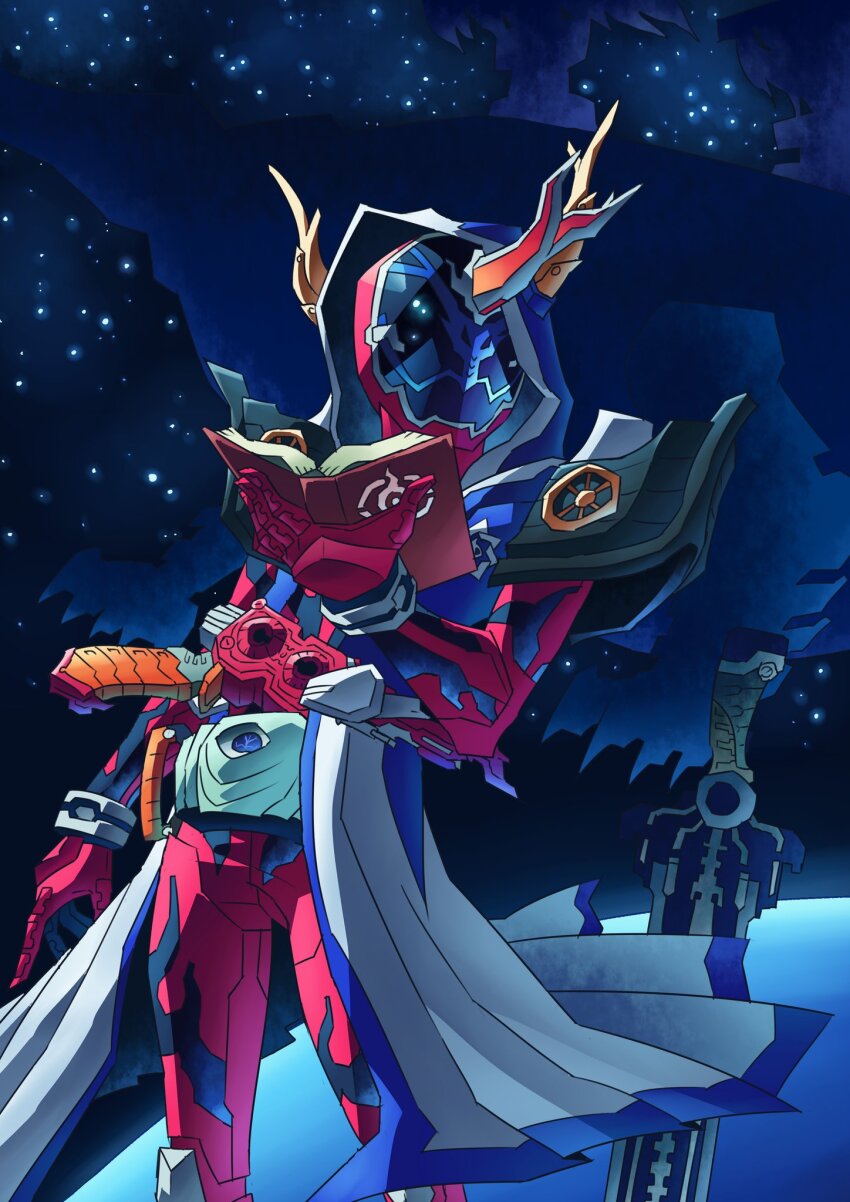 1boy armor black_jacket bodysuit book bug cowboy_shot rider_belt firefly flame_print ghost_driver gloves highres holding holding_book holster holstered horns insect jacket kamen_rider kamen_rider_ghost kamen_rider_ghost_(series) looking_at_viewer male_focus mask night night_sky otokamu parka planted planted_sword planted_weapon powering_up red_armor red_bodysuit red_gloves rider_belt ryoma_damashii single_horn sky standing sword toucon_boost weapon