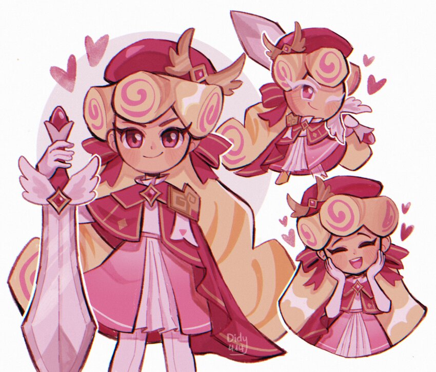 1girl blonde_hair bow cookie_run cookie_run:_kingdom didy414 dress gloves hair_behind_ear hair_ornament highres holding humanization kouign-amann_cookie kouign-amann_cookie_(pride_of_the_academy) long_hair looking_at_viewer multiple_views official_alternate_costume open_mouth pink_hair shirt simple_background skirt smile very_long_hair