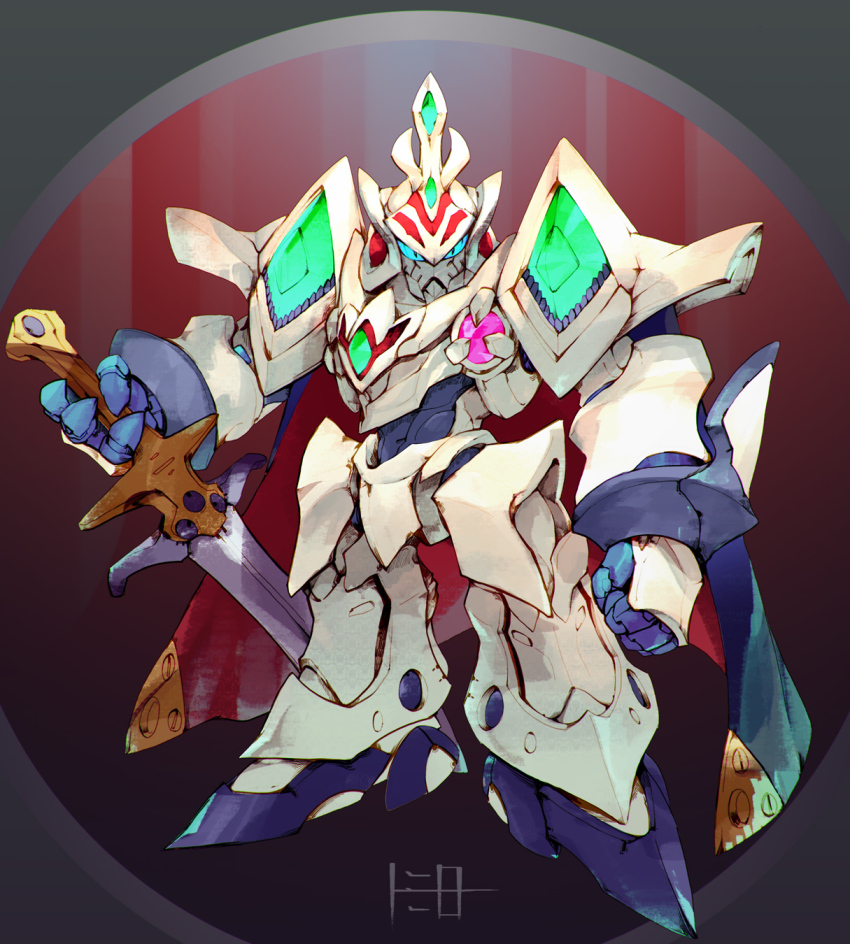 blue_eyes cape chibi clenched_hand escaflowne highres holding holding_sword holding_weapon mecha robot solo sword tenkuu_no_escaflowne toomiro weapon