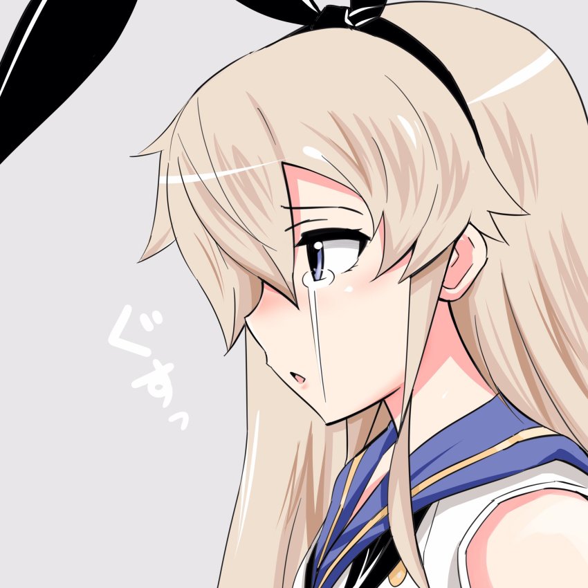1girl animal_ears blonde_hair blue_eyes commentary_request crying crying_with_eyes_open fake_animal_ears female_focus from_side hair_between_eyes hairband highres inoue_kousei kantai_collection long_hair open_mouth rabbit_ears sailor_collar shimakaze_(kancolle) shirt sidelocks sleeveless sleeveless_shirt solo tan_background tears translation_request upper_body