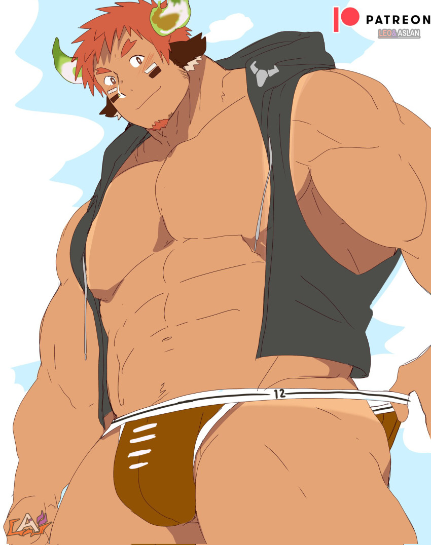 1boy abs animal_ears bara blush brown_eyes brown_hair brown_male_swimwear bulge cow_boy cow_ears cow_horns dark-skinned_male dark_skin eye_black facial_hair feet_out_of_frame fiery_horns forked_eyebrows from_below glowing_horns goatee head_tilt highres hood hooded_jacket horns huge_pectorals jacket large_pectorals leoandaslan_(leobongnana) looking_at_viewer male_focus male_swimwear male_swimwear_pull mature_male muscular muscular_male navel navel_hair nipples open_clothes open_jacket paid_reward_available pectorals presenting_tanlines pulling_own_clothes rugby_ball_print short_hair sideburns sleeveless sleeveless_jacket smile solo sparse_navel_hair spiked_hair stomach strongman_waist tanline_peek tanlines thick_eyebrows thick_thighs thighs tokyo_houkago_summoners topless_male unfinished wakan_tanka