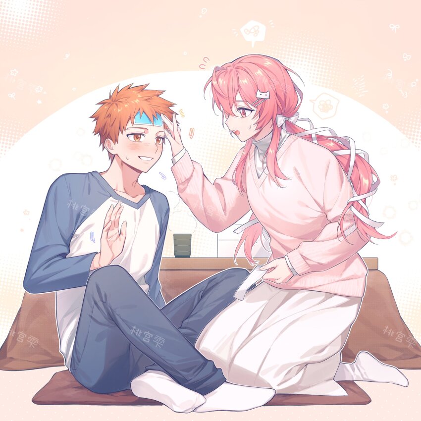 1girl bow couple cross cross_print deep_wound emiya_shirou fate/stay_night fate_(series) hair_bow highres injury long_hair momomiya_shizuku_(gaoyue_jixiang) oc_x_canon open_mouth orange_hair original pastels pink_eyes pink_sweater print_ribbon raglan_sleeves red_hair ribbon salon skirt sweater watermark weibo_watermark white_bow