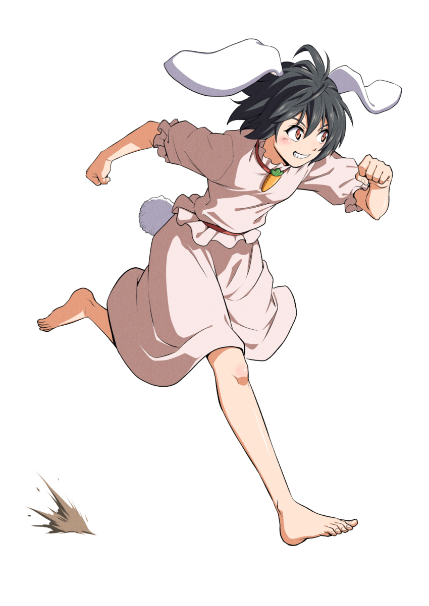 1girl animal_ears barefoot black_hair blush carrot_necklace clenched_hands commentary_request dress floppy_ears full_body highres inaba_tewi inuno_rakugaki jewelry necklace pink_dress rabbit_ears rabbit_girl rabbit_tail red_eyes running short_hair short_sleeves simple_background solo tail touhou white_background