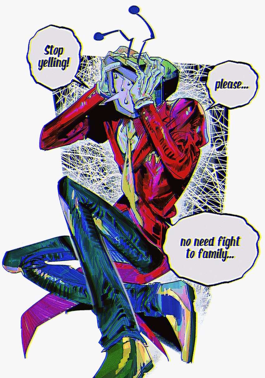1boy ant_tenna black_pants blackmaro1 clutching_head commentary_request crt deltarune english_text gloves hands_on_own_head highres korean_commentary male_focus necktie object_head pants pointy_nose shoes speech_bubble sweat tailcoat white_gloves yellow_necktie yellow_shoes