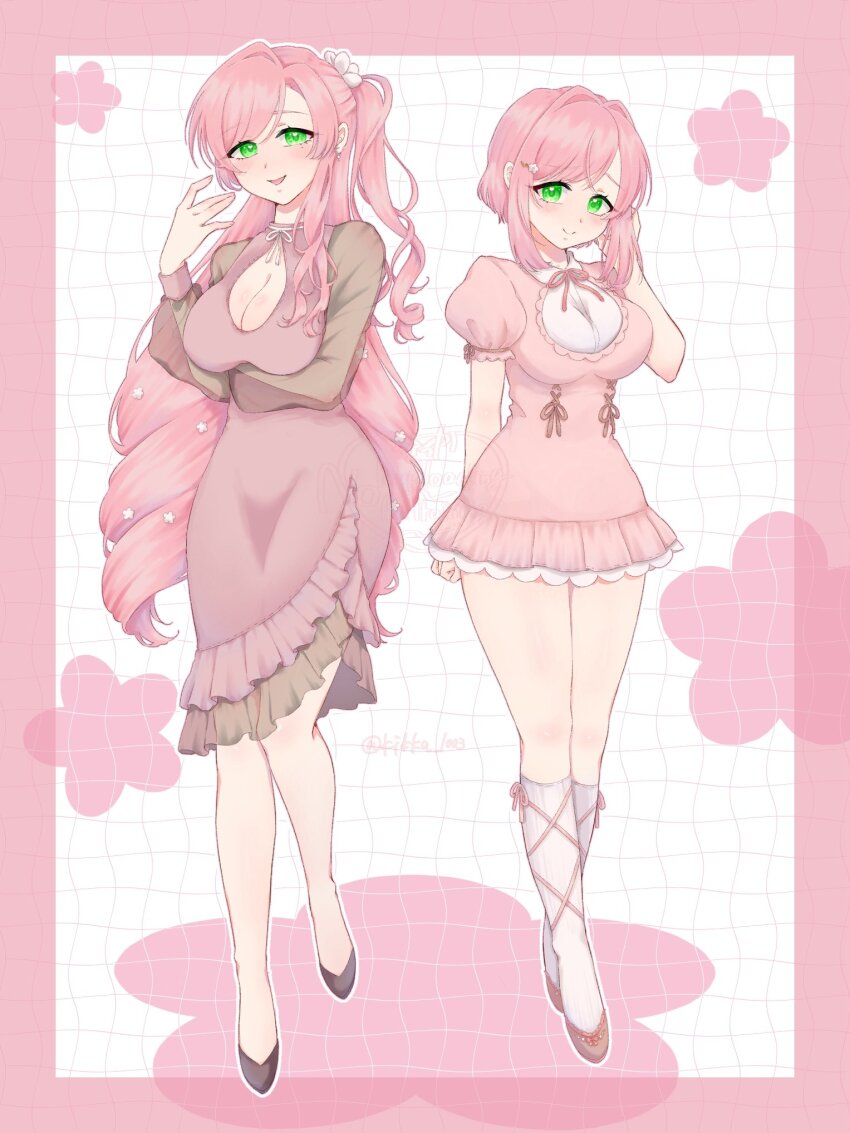 2girls ankle_lace-up arm_under_breasts bare_legs black_shoes blush border breasts brown_shoes cleavage cleavage_cutout clothing_cutout commentary dress female_focus flower frilled_dress frills full_body green_eyes hair_flower hair_intakes hair_ornament hairclip hanazono_hahari hanazono_hakari hand_in_own_hair hand_up heart heart_in_eye highres kikka_1003 kimi_no_koto_ga_dai_dai_dai_dai_daisuki_na_100-nin_no_kanojo kneehighs large_breasts long_hair mature_female mother_and_daughter multiple_girls pink_border pink_dress pink_hair puffy_short_sleeves puffy_sleeves shoes short_sleeves simple_background smile socks symbol_in_eye very_long_hair white_socks