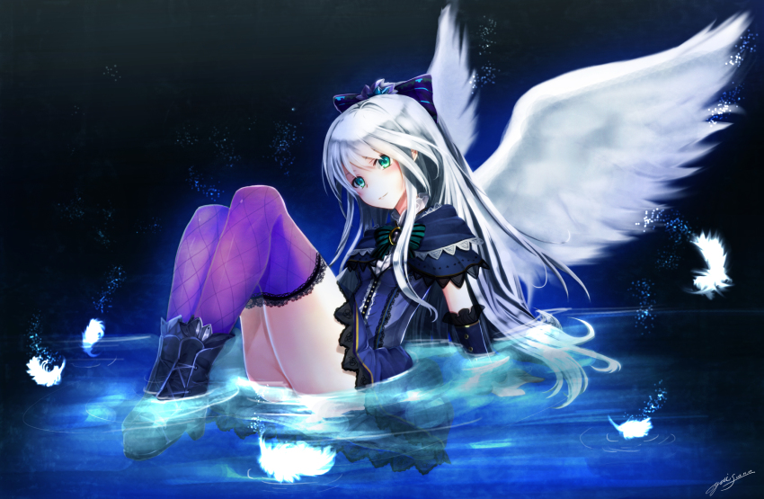1girl angel_wings aqua_eyes black_boots black_skirt boots bow bracer character_request feathers female_focus hair_bow highres kuroneko_no_wiz long_hair looking_at_viewer mahou_tsukai_to_kuroneko_no_wiz partially_submerged purple_thighhighs ripples signature sitting skirt solo thighhighs upskirt water white_feathers white_hair wings yuitsuki1206