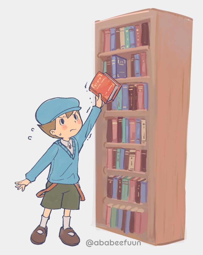 1boy abarenbou_bifun arm_up black_eyes blue_hat blue_sweater blush book bookshelf brown_hair brown_shoes newsboy_cap closed_mouth collared_shirt commentary_request flying_sweatdrops frown full_body green_shorts hat height_conscious highres holding holding_book long_sleeves luke_triton male_focus professor_layton reaching shirt shoes short_hair shorts simple_background socks solo standing sweatdrop sweater trembling twitter_username white_shirt white_socks