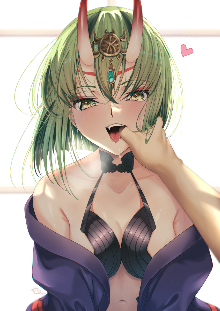 1girl 1other absurdres alternate_hair_length alternate_hairstyle aroused bare_shoulders blush bob_cut breasts breath budgiepon c.c. cleavage code_geass collarbone commentary cosplay drooling eyelashes eyeshadow fang fate/grand_order fate_(series) finger_in_another&#039;s_mouth green_hair heart heart-shaped_pupils heavy_breathing highres horns looking_at_viewer makeup medium_breasts mouth_drool navel oni open_mouth pov pov_hands saliva short_hair shuten_douji_(fate) shuten_douji_(fate)_(cosplay) simple_background skin-covered_horns smile solo_focus straight-on straight_hair symbol-shaped_pupils teeth tongue tongue_out upper_body upper_teeth_only white_background yellow_eyes