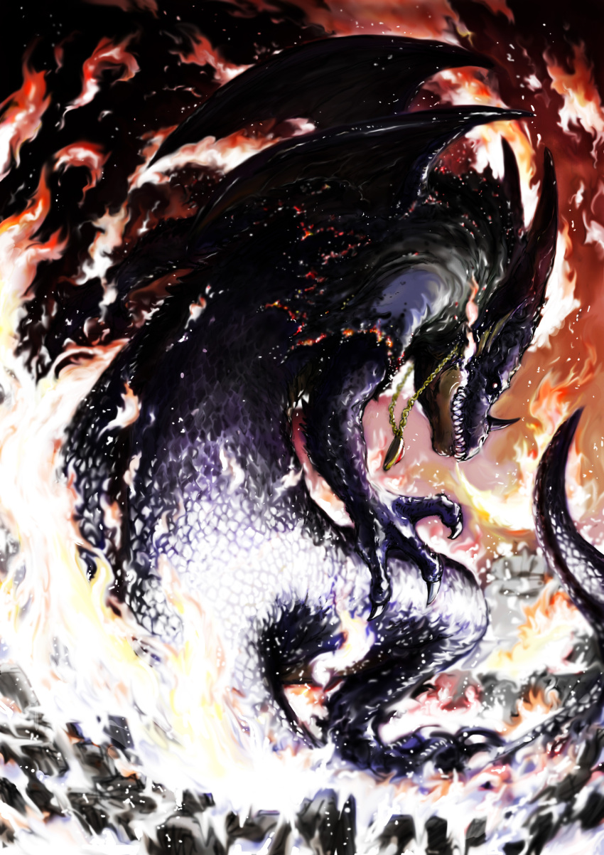 1boy absurdres black_sclera claws colored_sclera commentary_request dragon dragon_lord dragon_quest dragon_quest_i fins fire glowing glowing_eyes head_fins highres horns jewelry male_focus monster monster_focus necklace no_humans profile purple_scales red_eyes reservoirdogskozou sharp_teeth solo spikes tail teeth transformation wings
