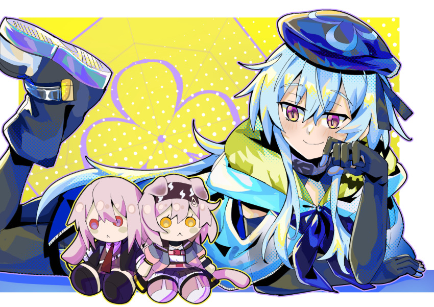 1boy :&lt; ansel_(arknights) arknights beret black_footwear black_gloves black_pantyhose blue_hair blue_hat blue_hoodie blush boots border clothing_cutout commentary elbow_gloves gloves goldenglow_(arknights) hat hood hoodie long_hair looking_to_the_side lying male_focus mizuki_(arknights) on_stomach pantyhose pink_hair polka_dot polka_dot_background purple_eyes red_eyes shoulder_cutout sleepyowl_(jobkung15) smile symbol-only_commentary the_pose yellow_background yellow_eyes