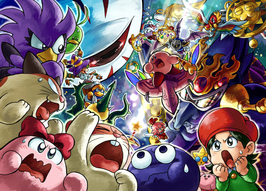 adeleine album_cover broom chuchu_(kirby) colored_sclera coo_(kirby) cover dragoon_(kirby) dyna_blade galactic_nova gooey_(kirby) gryll_(kirby) hydra_(kirby) jizo_yukari king_dedede kirby kirby_(series) long_nose marx_(kirby) meta_knight nago_(kirby) nightmare_(kirby) nintendo pitch_(kirby) red_sclera ribbon_(kirby) rick_(kirby) shouting star_rod sweatdrop zero_(kirby) zero_two_(kirby)