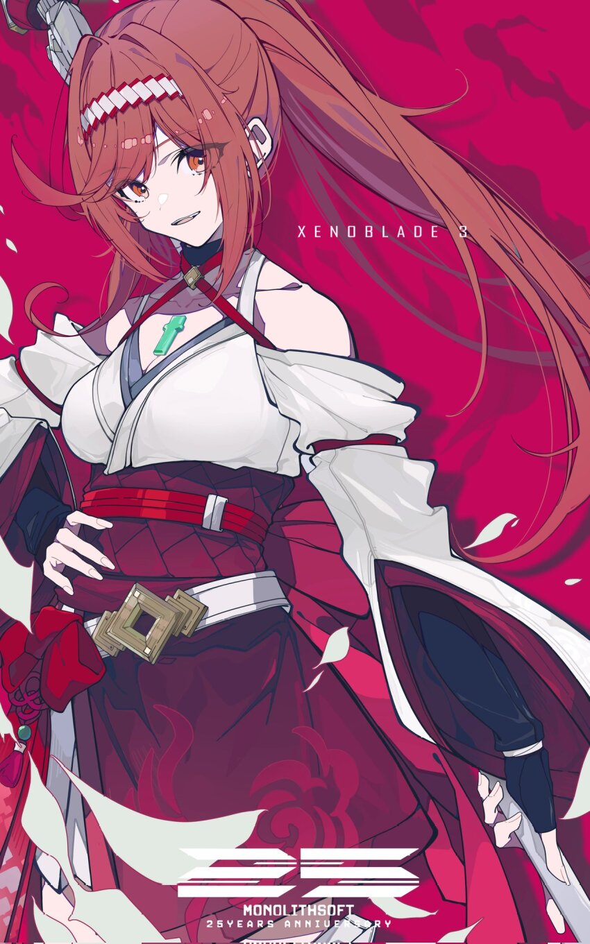1girl bare_shoulders black_gloves breasts brown_hair chest_jewel cleavage collarbone cow detached_sleeves fingerless_gloves gem glimmer_(xenoblade) gloves green_gemstone gugugu_official hairband hand_on_own_hip highres holding holding_staff long_hair medium_breasts parted_lips ponytail red_background red_eyes shirt sidelocks smile solo staff swept_bangs white_hairband white_shirt wide_sleeves xenoblade_chronicles_(series) xenoblade_chronicles_3