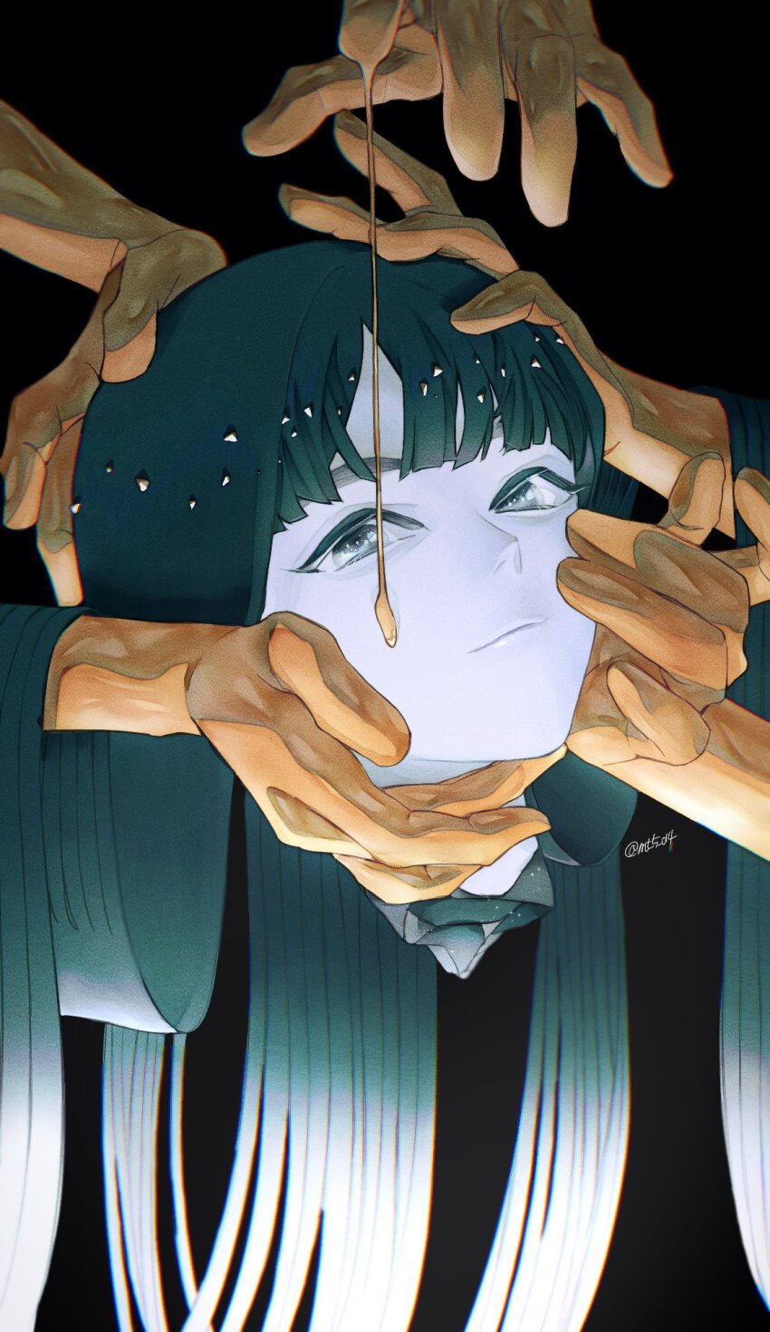 1other aqua_eyes aqua_hair colored_skin extra_arms golden_arms hair_flowing_over hashtag-only_commentary highres holding holding_detached_head houseki_no_kuni light_smile long_hair looking_at_viewer mt5_014 other_focus phosphophyllite phosphophyllite_(ll) severed_head simple_background solo straight_hair very_long_hair white_skin