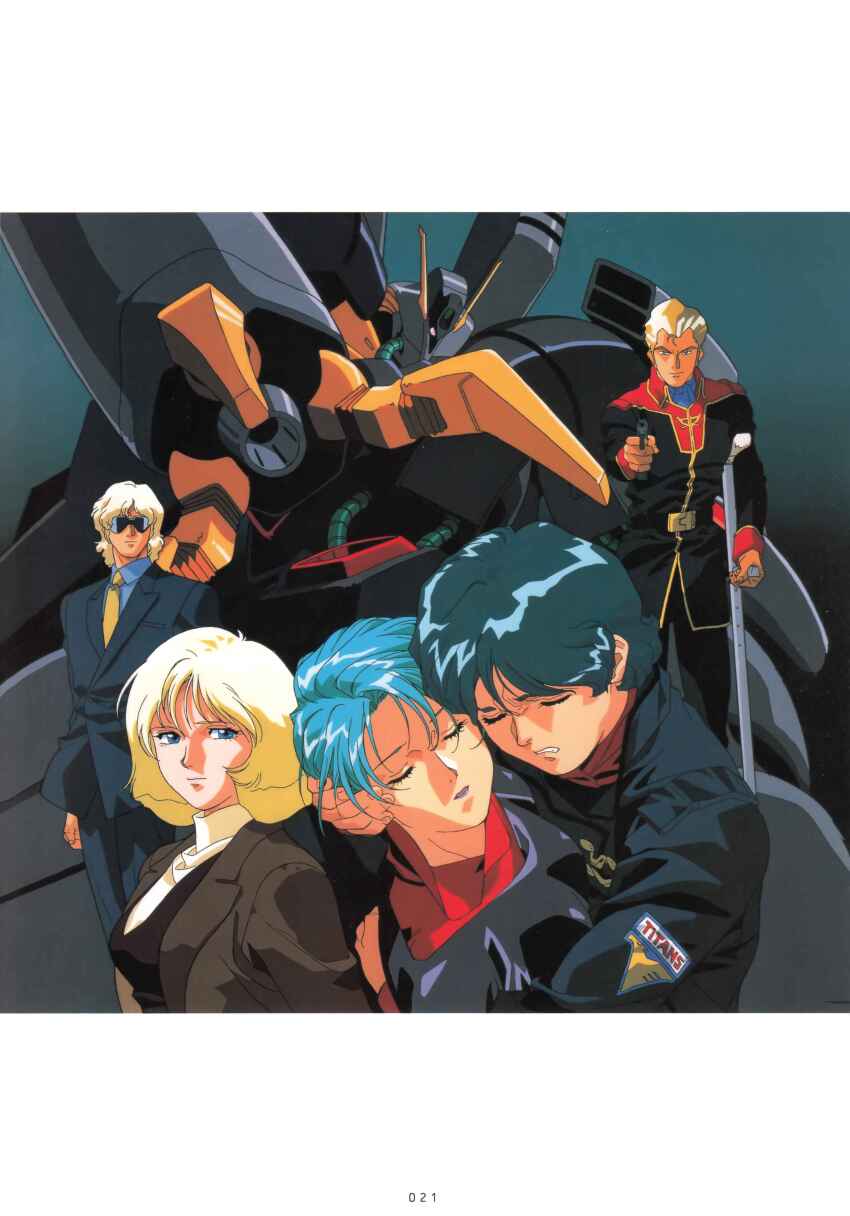 1980s_(style) 1990s_(style) 2girls 3boys absurdres aiming aiming_at_viewer arm_cannon beam_cannon belt blonde_hair blue_eyes blue_hair byalant cable closed_eyes corpse crutch death emblem formal_clothes four_murasame gun gundam handgun highres hug jerid_messa kamille_bidan kitazume_hiroyuki mecha military_uniform mobile_suit mullet multiple_boys multiple_girls necktie official_art oldschool one-eyed pompadour quattro_bajeena retro_artstyle robot sad sayla_mass scan science_fiction siblings spoilers suit sunglasses third-party_source titans_(gundam) traditional_media weapon zeta_gundam