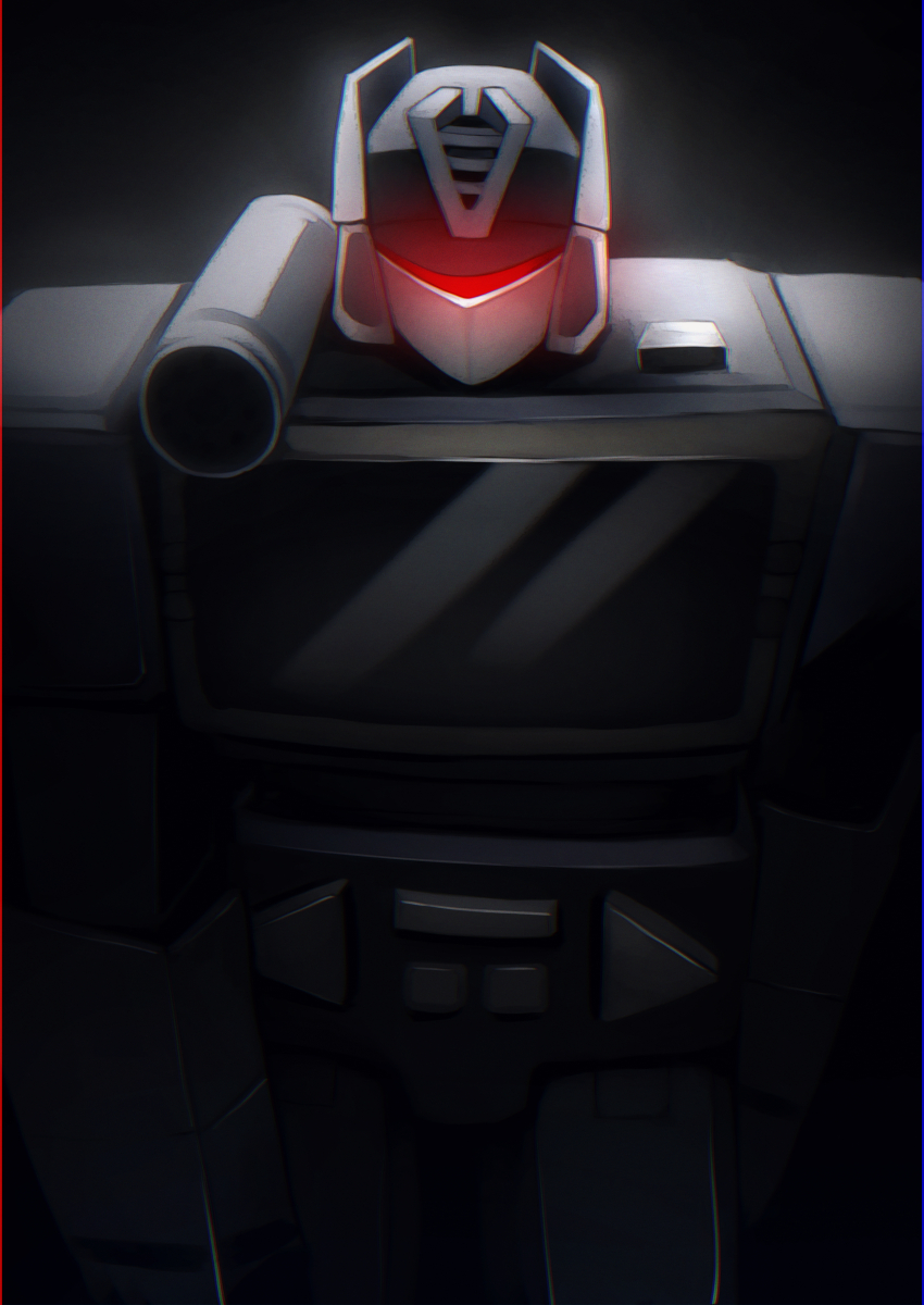 absurdres assault_visor black_background commentary_request dark decepticon glowing highres mecha mecha_focus nakai111 no_humans robot science_fiction shoulder_cannon solo soundwave_(transformers) transformers transformers:_generation_1