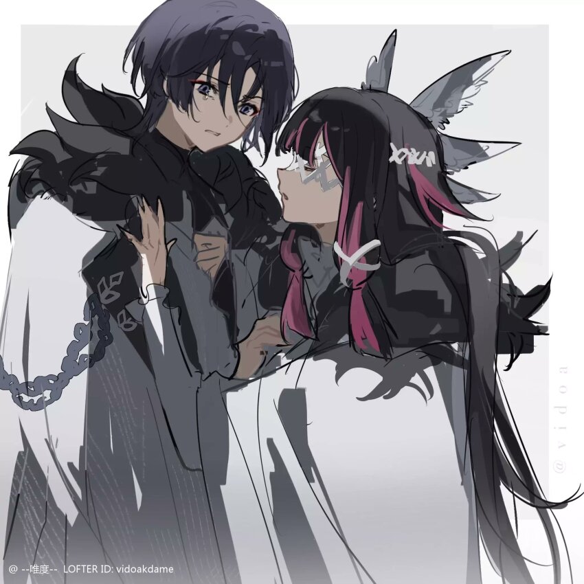 1boy 1girl aiguillette armor black_hair blunt_bangs blunt_ends blunt_tresses bow bowtie closed_eyes coat columbina_(genshin_impact) eye_mask eyeliner eyeshadow feathered_wings fur-trimmed_coat fur-trimmed_collar fur_collar fur_trim genshin_impact hair_ribbon hand_on_another&#039;s_chest hand_on_own_chest head_wings highres hime_cut japanese_armor kote kurokote lapels lofter_username long_hair looking_at_another makeup multicolored_hair multiple_wings open_mouth parted_lips pink_hair purple_eyes red_eyeliner red_eyeshadow ribbon scaramouche_(genshin_impact) sidelocks sketch streaked_hair tears tress_ribbon vidoakdame white_background white_bow white_bowtie white_coat white_mask white_mouth white_ribbon white_wings wings winter_clothes winter_coat x-shaped_eyewear