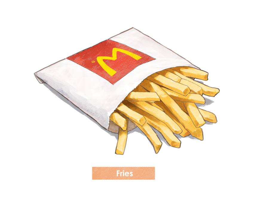 commentary_request english_text fast_food food food_focus food_wrapper french_fries highres jchoy logo mcdonald&#039;s no_humans object_focus on_floor shadow simple_background still_life white_background white_bag yellow_happi